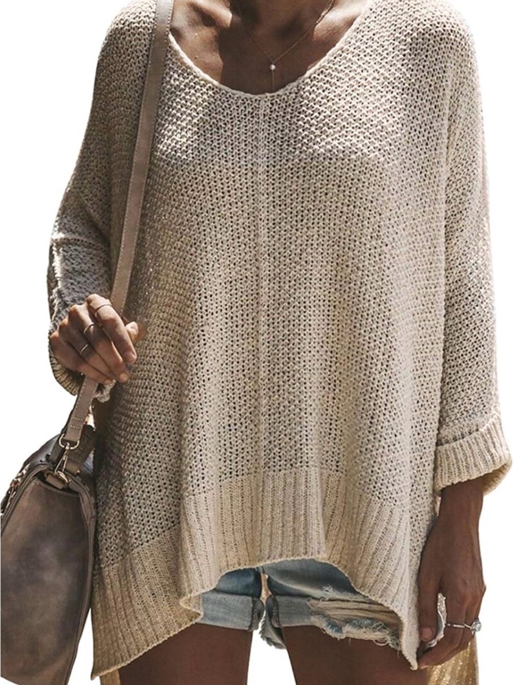 Exlura V-Neck Soft Oversized Waffle Knit Sweater in Beige, Cuffed Sleeves